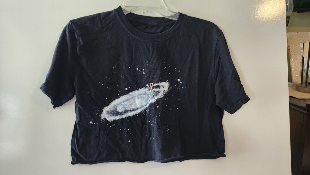Women's Black Galaxy Space Graphic Crop Top Raw Hem Short Sleeve T-Shirt #411